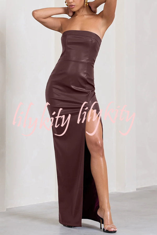 Sexy Meaning Faux Leather Strapless Bandeau Split Maxi Dress