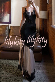 Soft and Romantic Satin Lace Trim Colorblock V-neck Side Slit Maxi Dress