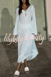 V Neck Button Down Knitted Cutout Long Sleeved Cover Up