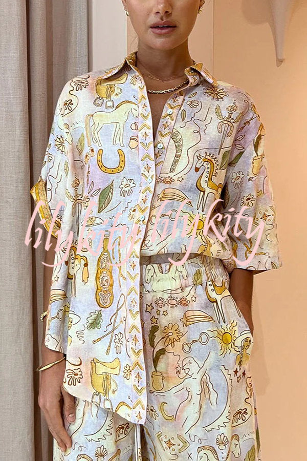 Sunshine Loving Linen Blend Mythological Pattern Button Down Oversized Blouse