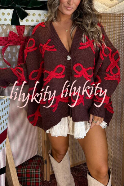 Santa Baby Knit Bow Color Block Button Up Long Sleeve Oversized Fit Cardigan