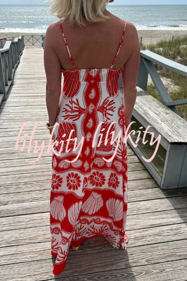 Beautiful Shell Unique Print Front Lace-up Loose  Maxi Dress