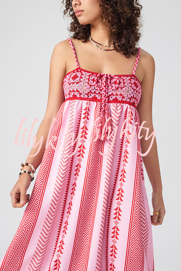 Unique Printed Patchwork Fringed Lace-up Maxi Dress