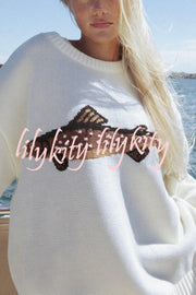 Fashionable Fish Pattern Round Neck Loose Knitted Sweater