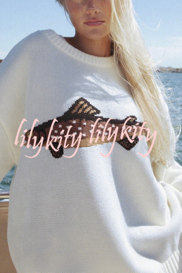 Fashionable Fish Pattern Round Neck Loose Knitted Sweater