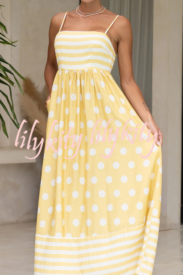 Striped Polka-dot Print Sling Pleated Open-back Maxi Dress