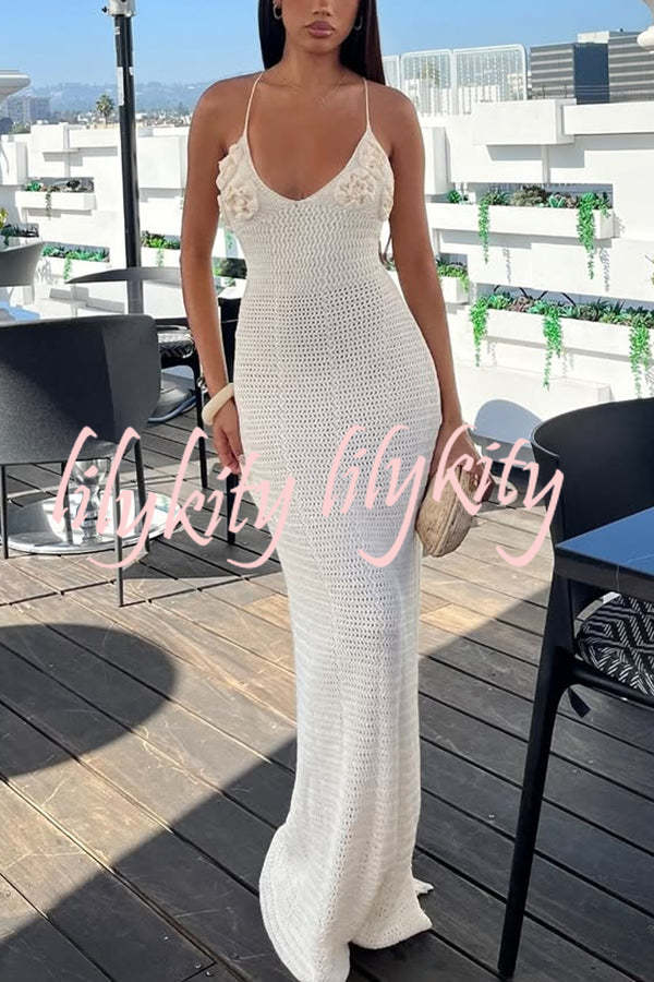 Olivia Crochet Knit Rose Texture Backless Stretch Maxi Dress