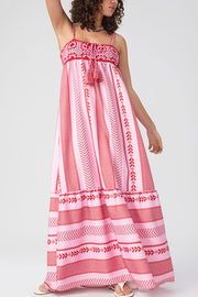 Unique Printed Patchwork Fringed Lace-up Maxi Dress