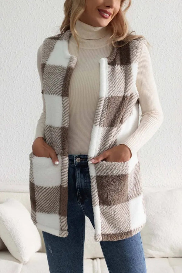 Fashionable Plaid Loose Pocket Sleeveless Jacket