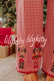 Nutcracker Charm Embroidered Gingham Loose Shirt and Elastic Waist Pajama Set