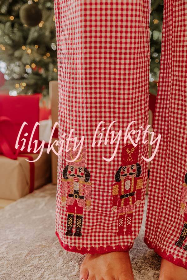 Nutcracker Charm Embroidered Gingham Loose Shirt and Elastic Waist Pajama Set