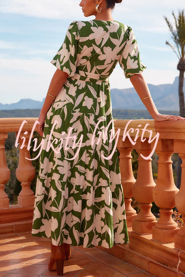 Unique Printed V-neck Puff Sleeves Tie Waist Midi Dress