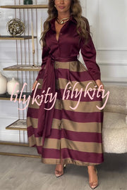 Lindsey Satin Colorblock Contrast Long Sleeve Belted Shirt Maxi Dress