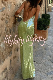 Fashionable Sequined Sexy Open Back Slim Maxi Dress
