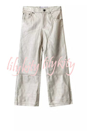 Tanie Metallic Fabric Mid-rise Pocket Cropped Wide Straight-leg Pants