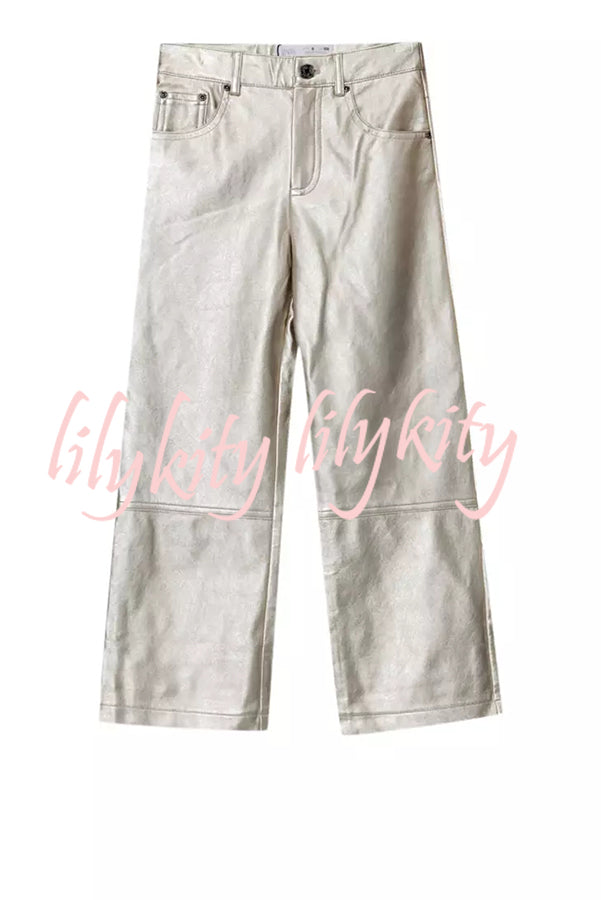 Tanie Metallic Fabric Mid-rise Pocket Cropped Wide Straight-leg Pants