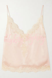 Celebration Look Contrast Color Satin Lace Trim V-Neck Slip Tank