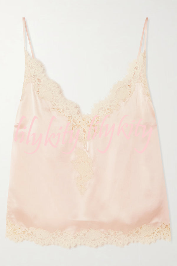Celebration Look Contrast Color Satin Lace Trim V-Neck Slip Tank