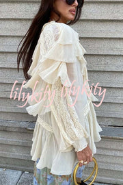 Autumn Boho Chiffon Lace Trim Ruffle Balloon Sleeve Blouse