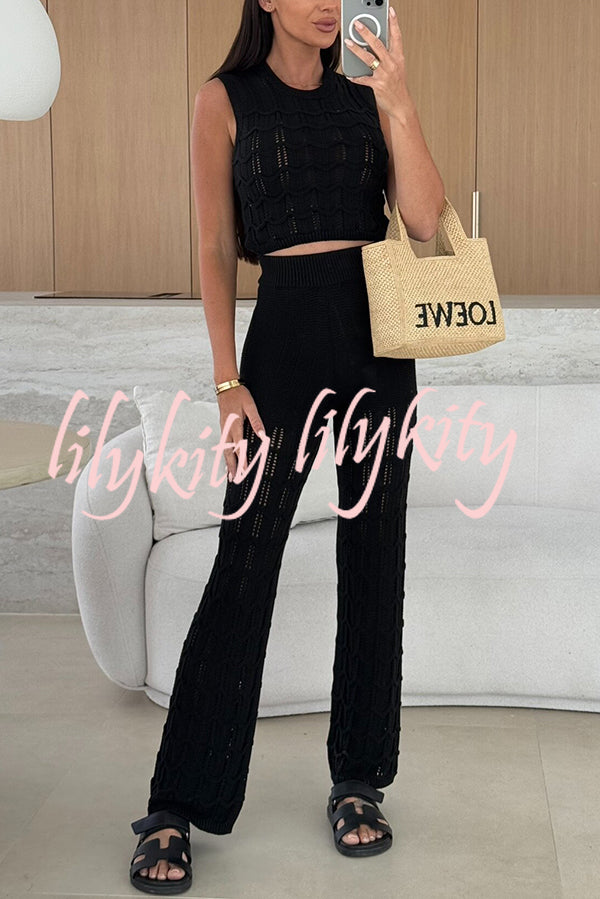 Solid Color Hollow Sleeveless Round Neck Knitted Vest and Stretch Casual Straight Pants Set