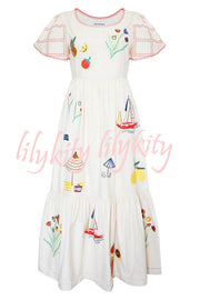 Summer Resort Printed Round Neck Bell Sleeve Maxi Dress