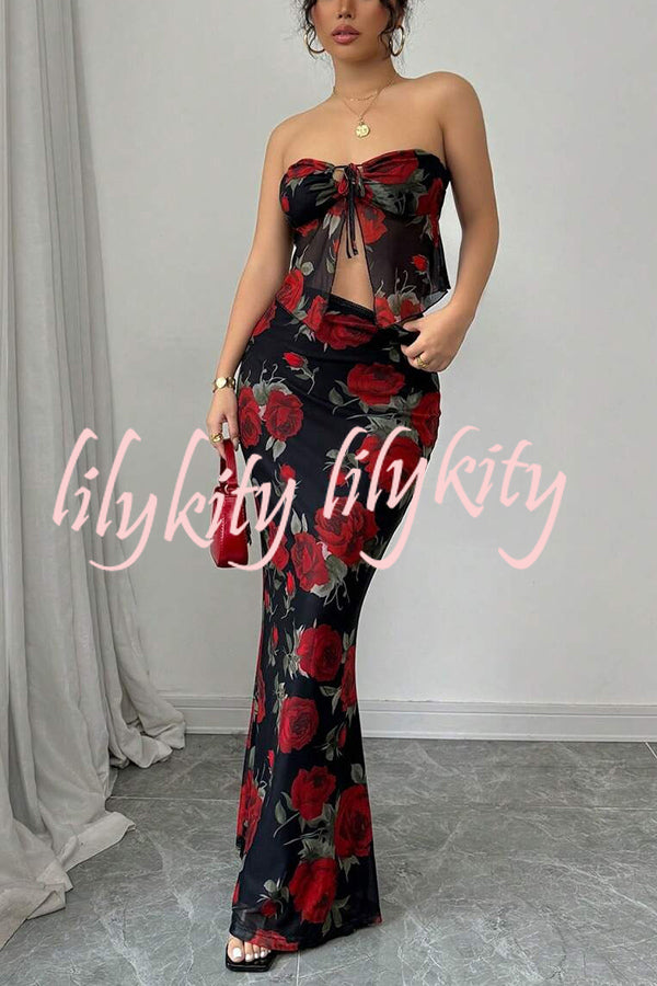 Floral Print Sexy Bandeau Lace-up Top and Slim Mesh Stretch Maxi Skirt Set