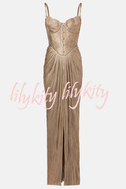 Vegas Queen Metallic Pleated Sculpted Bodice Back Lace-up Drape Maxi Dress