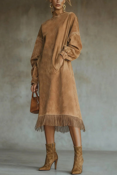 Solid Color Suede Loose Long-sleeved Casual Pocket Tassel Hem Midi Dress