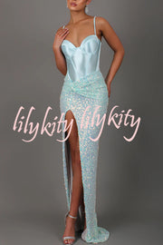 All about Glam Satin Corset Sequin Twist High Leg Split Maxi Dress