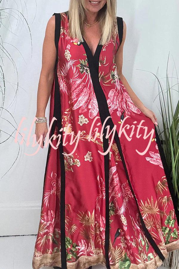 Vanna Unique Tropical Print Black Patchwork Detail A-line Maxi Dress