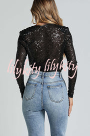 Alora Sequin Wrap Front Plunge Neck Long Sleeve Bodysuit