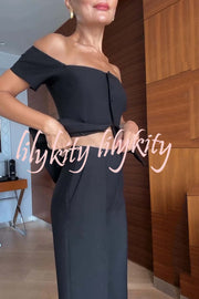 Solid Color Off-the-shoulder Single-breasted Top and Casual Pocket Straight-leg Pants Set