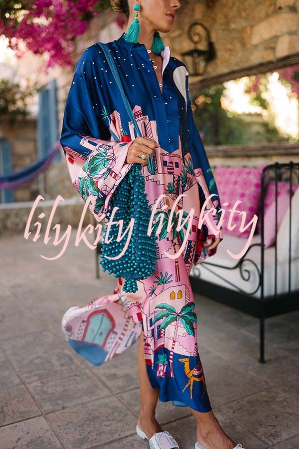 Seaside Stroll Satin Unique Print Button Up Long Sleeve Slit Kaftan Midi Dress