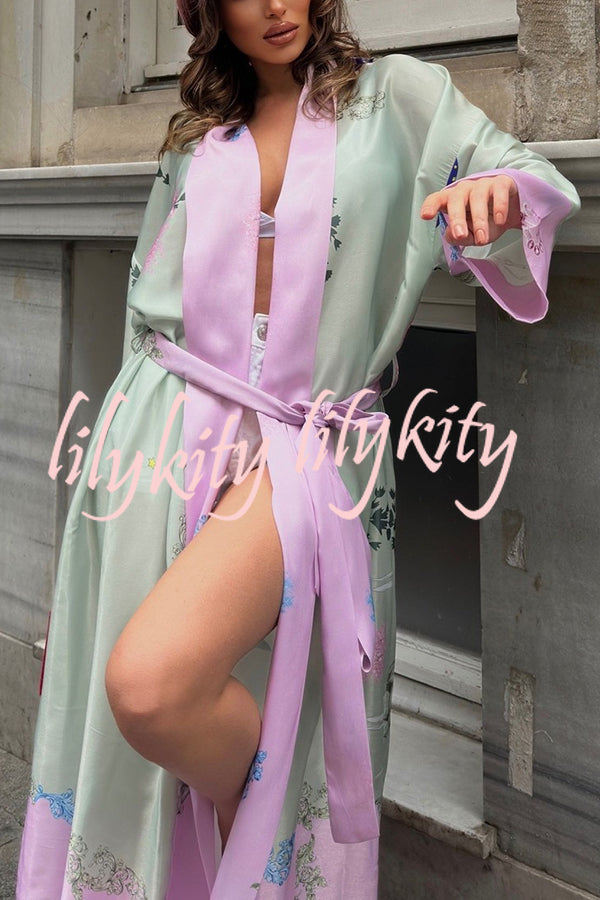 Karty Satin Unique Print Long Sleeve Belt Lapel Kimono Cover-ups