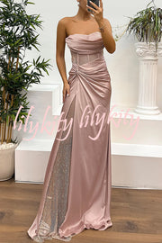 Essie Satin Rhinestone Patchwork Twist Waist Strapless Slit Maxi Dress