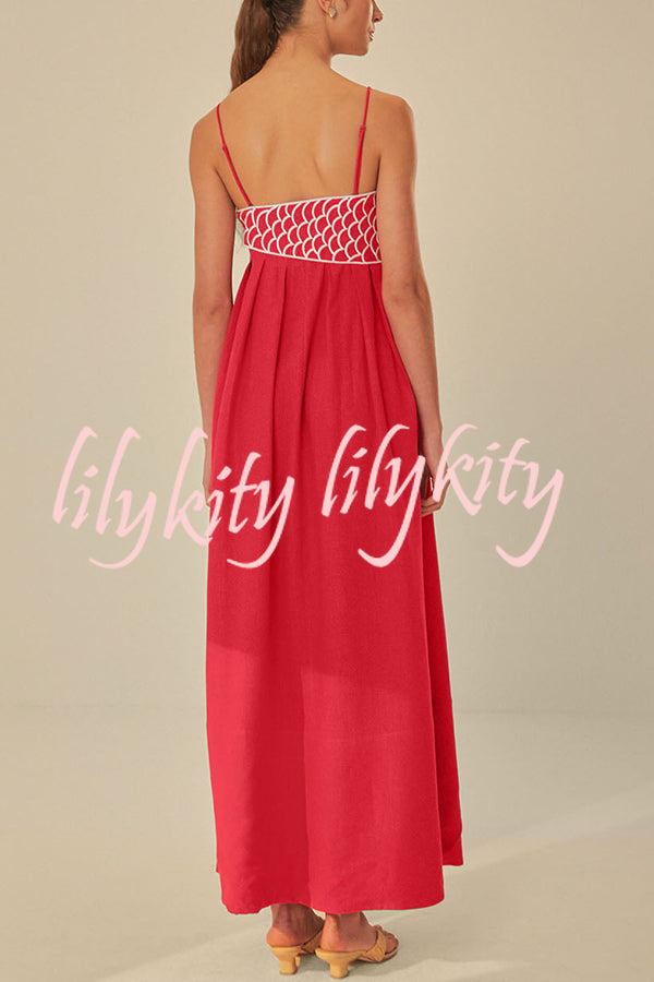 Red Fish Embroidered Sling Backless Maxi Dress