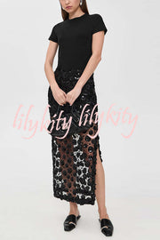 Gorgeous Flower Embellished Sequin Sheer High Rise Slit Midi Skirt