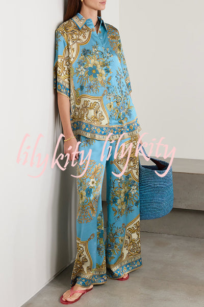 Satin Floral Print Loose Shirt and Elastic Waist Pocket Casual Wide-leg Pants