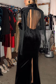 Eve Velvet Open Back Tassel Trim Long Sleeve Slit Maxi Dress