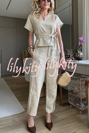 Emory Linen Blend Tie-up Short Sleeve Top and Elastic Waist Pocket Button Hem Pants Set