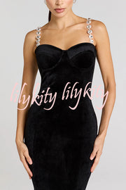 Harley Luxurious Velvet Fabric Jewel-embellished Shoulder Straps Midi Dress
