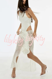 Fashion Sequin Sleeveless Fitted Rompers and Holiday Slit Maxi Skirt Set