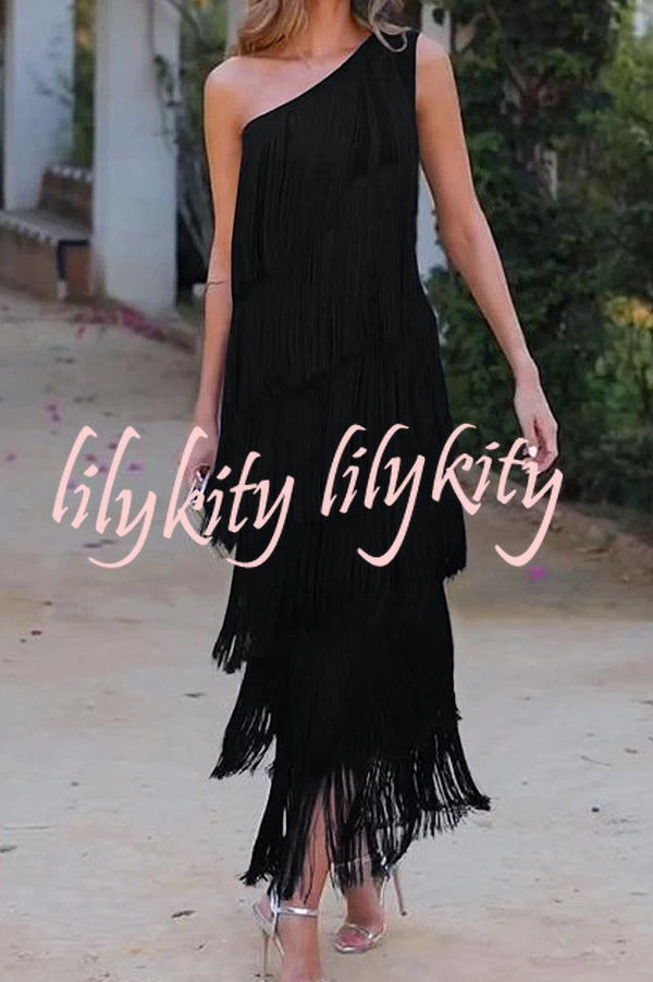 Stylish Fringed One Shoulder Asymmetric Midi Dress