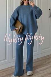 Solid Color Loose Long-sleeved Knit Top and Elastic Waist Casual Straight Leg Pants Set