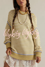 Fashion Striped Colorblock Loose Round Neck Long-sleeved Knitted Sweater