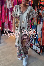 Fashion Printed V-neck Short-sleeved Casual Loose Maxi Dress