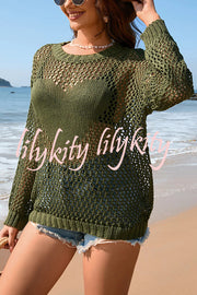 Solid Color Round Neck Long Sleeve Heart Knitted Beach Cover Up