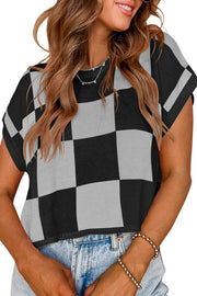Fashionable Checkerboard Color Block Short-sleeved Loose Sweater
