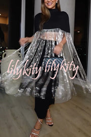 New Level Shiny Tassel Stand Neck Crop Cape Blouse