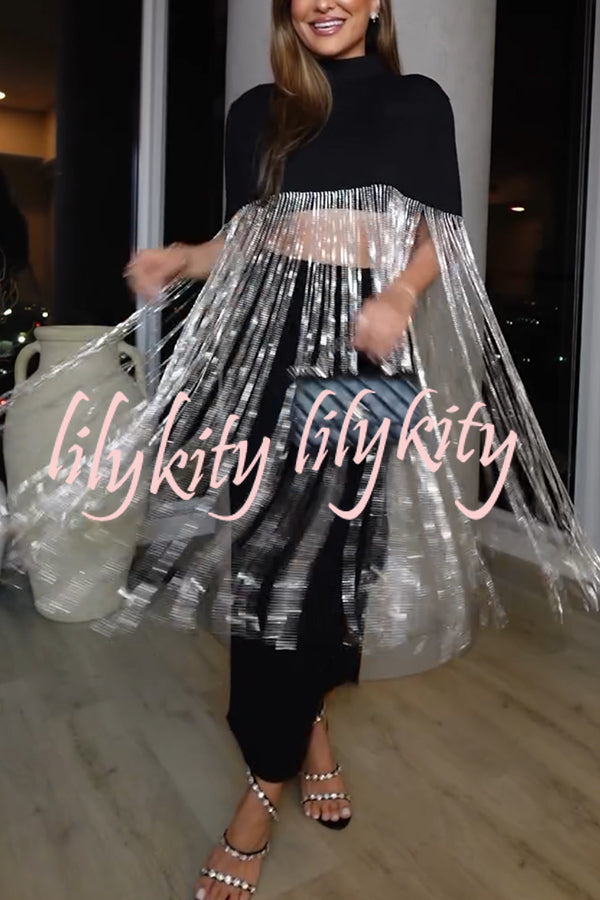 New Level Shiny Tassel Stand Neck Crop Cape Blouse
